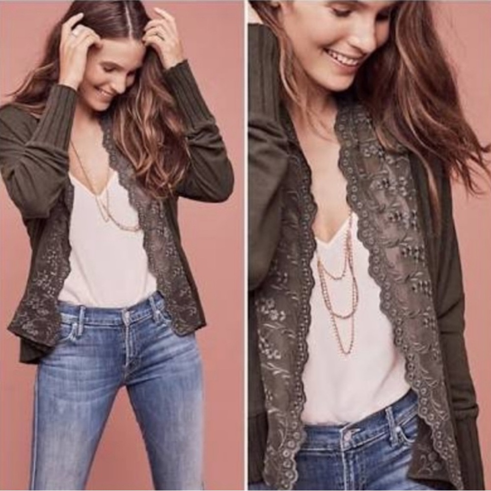 Anthropologie Tiny brand Open Front Lace Trimmed Cardigan Sweater